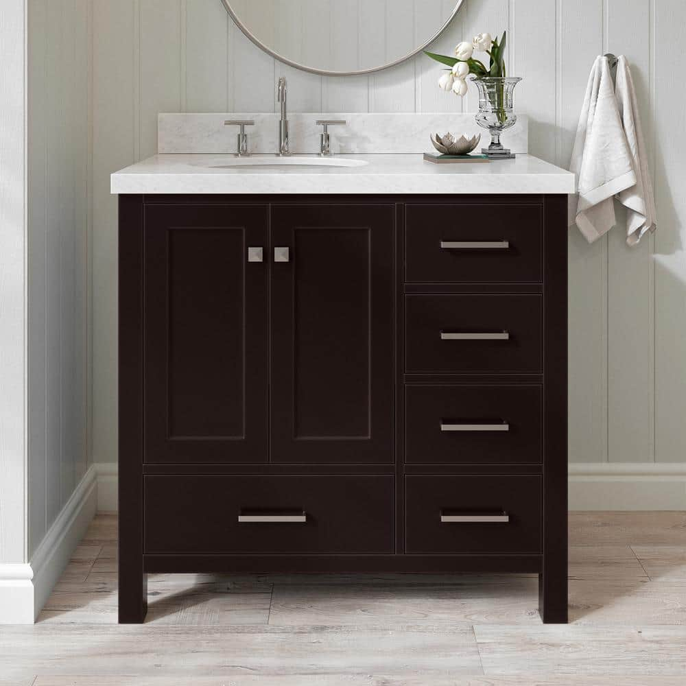 Cambridge 37 in. W x 22 in. D x 36 in. H Bath Vanity in Espresso with Carrara White Marble Top -  ARIEL, A037S-L-VO-ESP