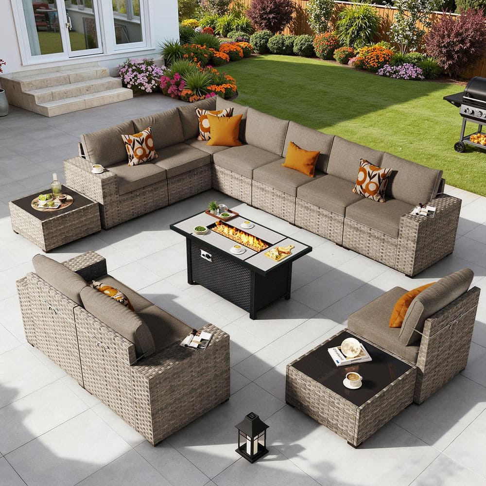 Aero Cane 13 Pieces Wicker Outdoor Patio Rectangular Fire Pit Set with Dark Gray Cushions price history on PriceWatchPro