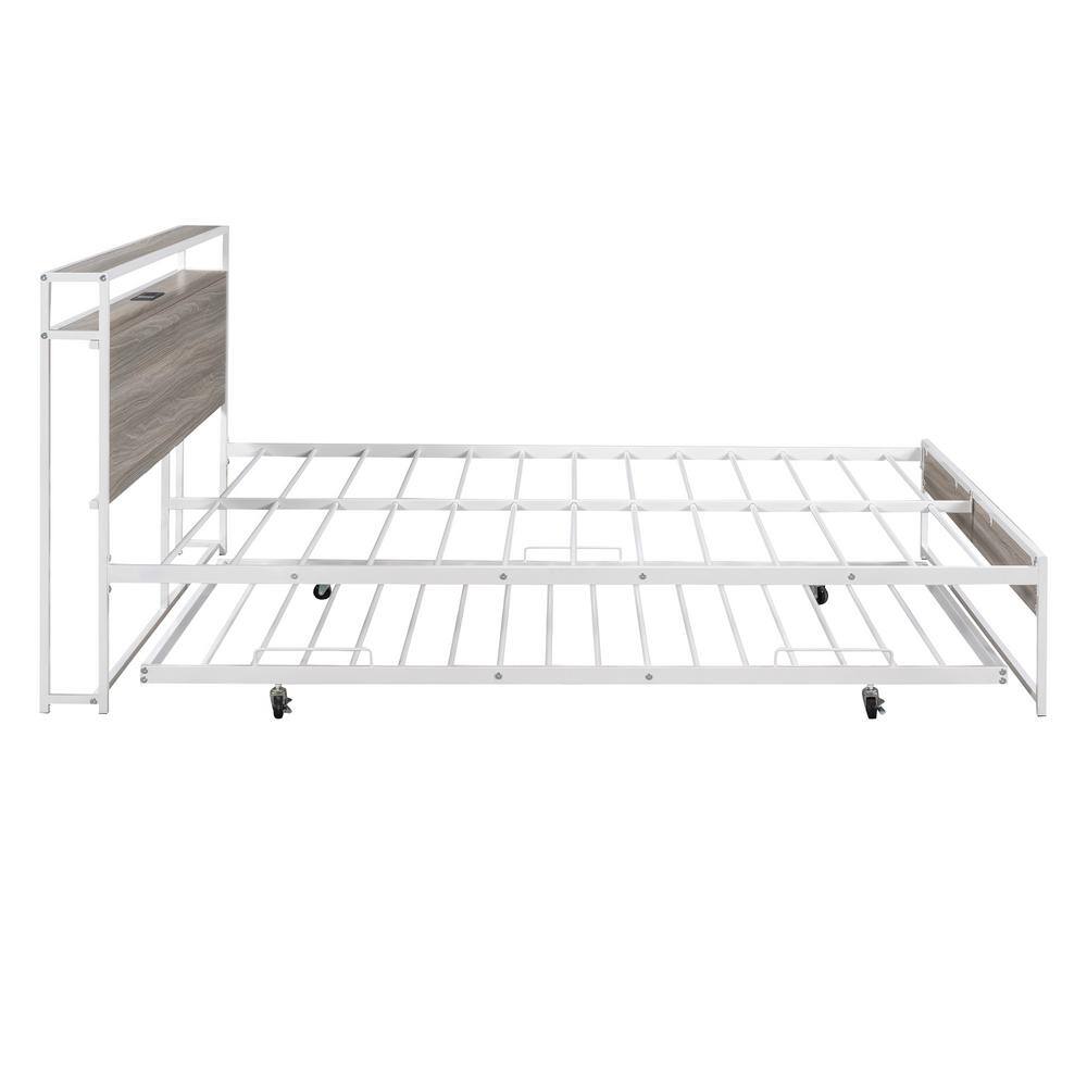 Black Metal Frame Queen Size Platform Bed with Twin Size Trundle, USB Charging Station, Storage Shelves - thumbnail 2