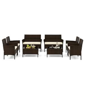 8-Piece Wicker Patio Conversation Set with Chair Loveseat and Tempered Glass Table Beige Cushions