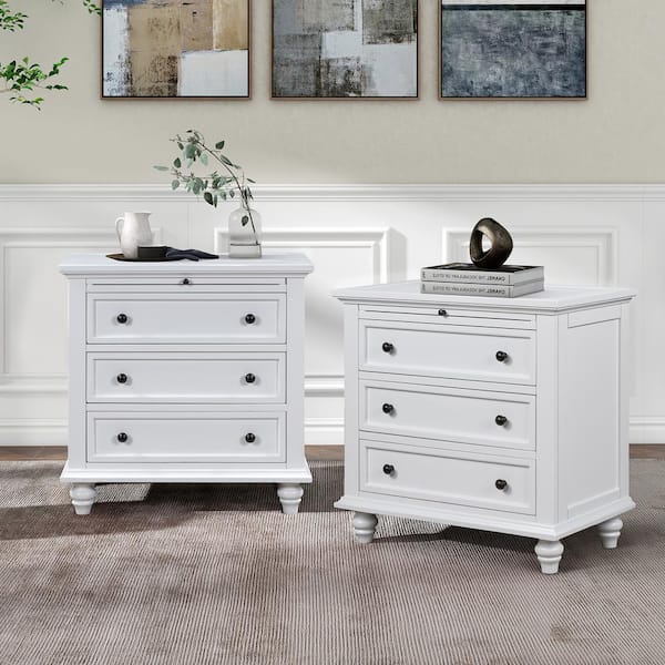 Harper & Bright Designs Modern White 3-Drawer 28 in. W Nightstand, Storage Wood Cabinet, Set of 2 with Pull out Tray