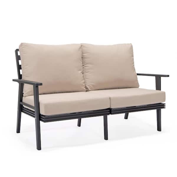 Leisuremod Walbrooke Black 1-Piece Metal Outdoor Loveseat with Beige Cushions