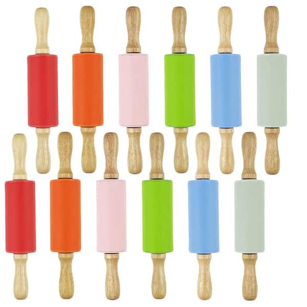 Mini Kids Rolling Pin 12-Pack 9 Inch Silicone and Solid Wooden Handle in 6 Colors Fondant Pastry Dough