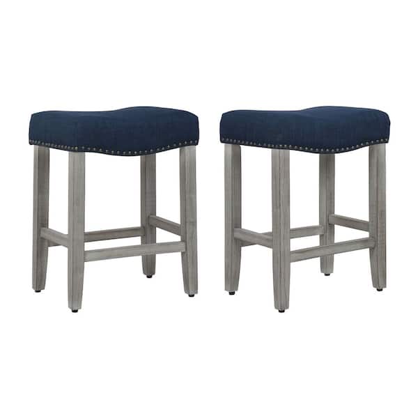 Jameson 24 in. Counter Height Antique Gray Wood Backless Barstool with Navy Blue Linen Saddle Seat (Set of 2)