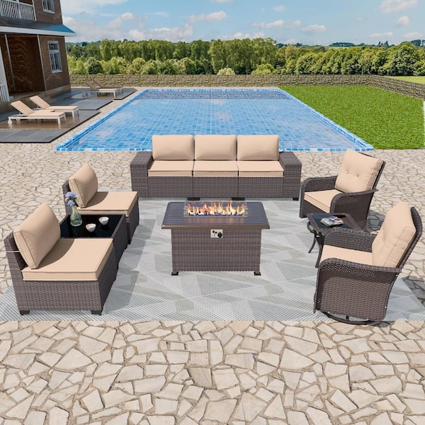 10-Piece Wicker Outdoor Patio Conversation Set with 55000 BTU Propane Fire Pit Table and Swivel Rocking Chairs, Sand