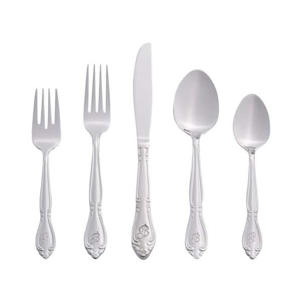 Rose Monogrammed Letter B 46-Piece Silver Stainless Steel Flatware Set (Service for 8)