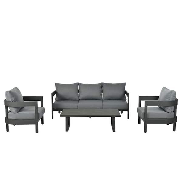 4-Piece Black Metal Patio Conversation Set with Plastic Wood Coffee Table and Gray Cushions