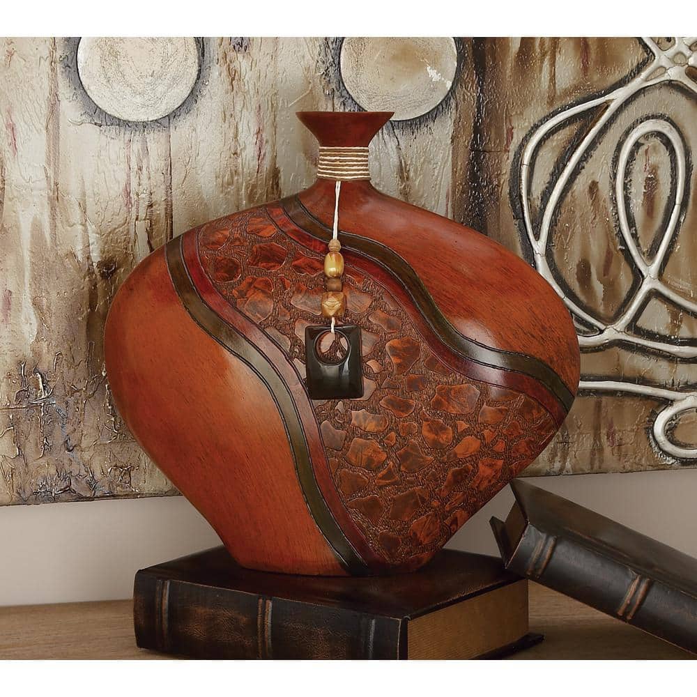 14" Cognac Brown Polystone Vase with Carved Abstract Designs
