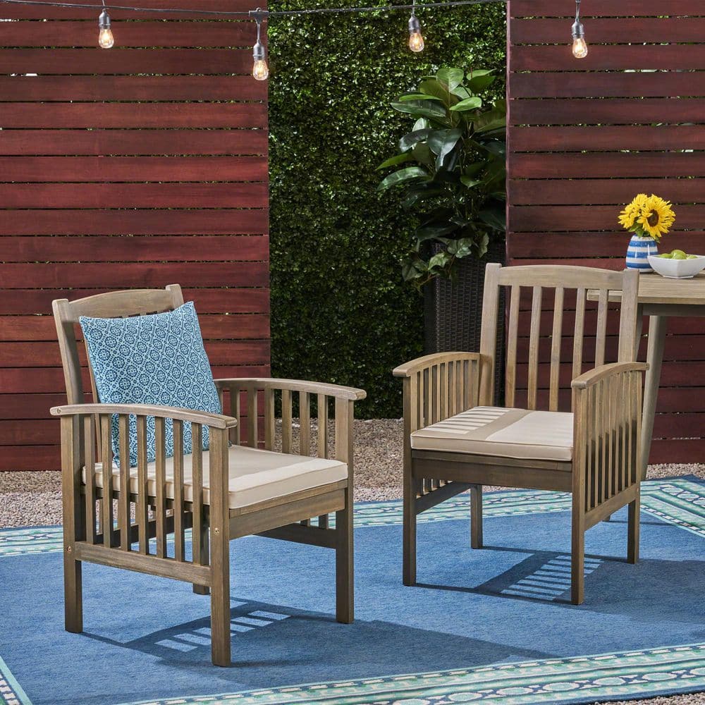 Patio Furniture (Set of 2) Acacia Wood Outdoor Gray Dining Chair with Beige
