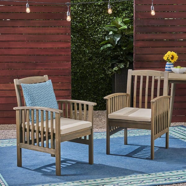 Unbranded Patio Furniture (Set of 2) Acacia Wood Outdoor Gray Dining Chair with Beige Cushion Ergonomic Armchair Lounge Chair