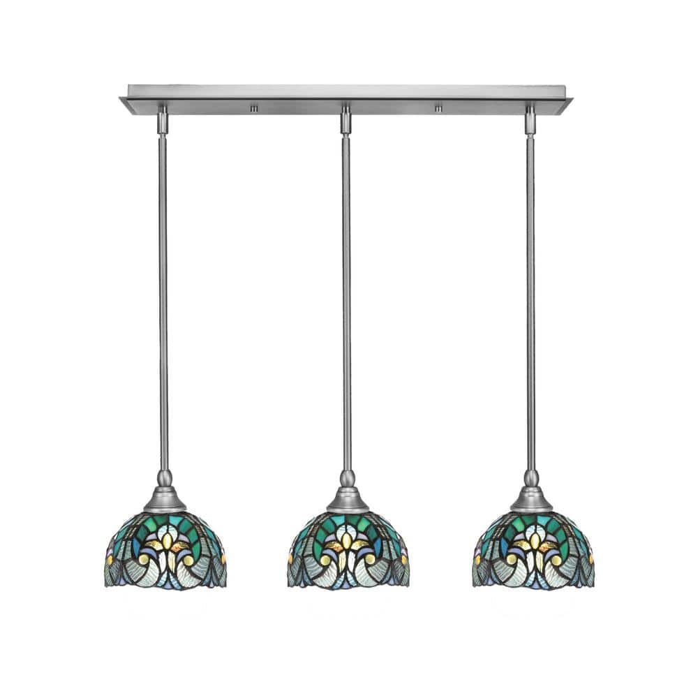 Livingston 100-Watt 3-Light Nickel Shaded Pendant Light with 7 in. Turquois