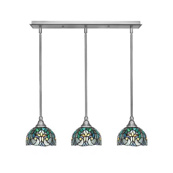Livingston 100-Watt 3-Light Nickel Shaded Pendant Light with 7 in. Turquoise Cypress Art Glass Shades, No Bulbs