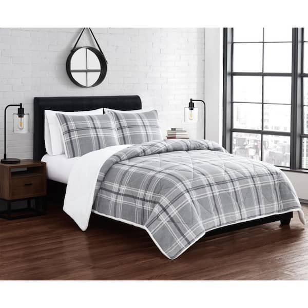 Cannon Cozy Teddy 3-Piece Grey Plaid Polyester King Comforter Set