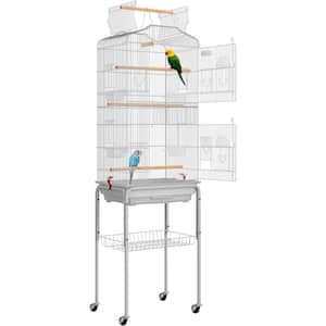 59.8 in. Wrought Iron Bird Cage with Play Top and Rolling Stand in Gray