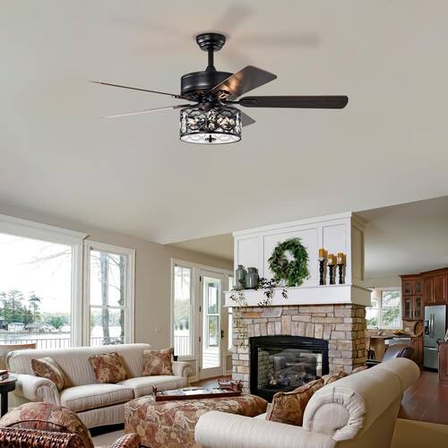 52 in. Farmhouse Indoor Matte Black Reversible Blades 3-Speeds Crystal Ceiling Fan with Remote LINJO Ceiling Fans With Lights