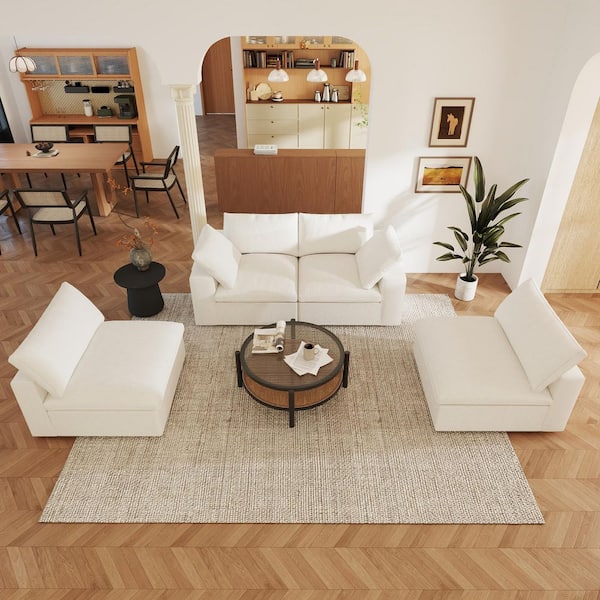 Magic Home 4-Piece Cloud Couch Set Down Filled White Linen Sofa and Loveseat Living Room Set with Detachable Covers for Apartment