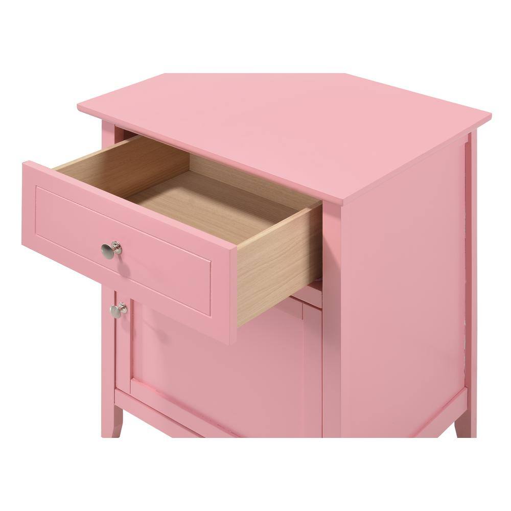 Pink Solid Wood 1-Drawer Nightstand with Door