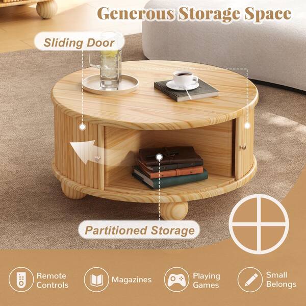 Nestfair 31.8 in. W Natural Round Wood Coffee Table with Storage