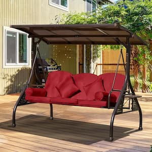 3-Person Metal Round Pipe Patio Swing with Adjustable Canopy and Red Cushions Support 750 lbs.