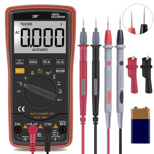 Auto Ranging Digital Multimeter TRMS 6000 8.07 x 5.47 x 2.72 in. AC/DC Amp/Ohm/Volt Multi Tester with LCD Display