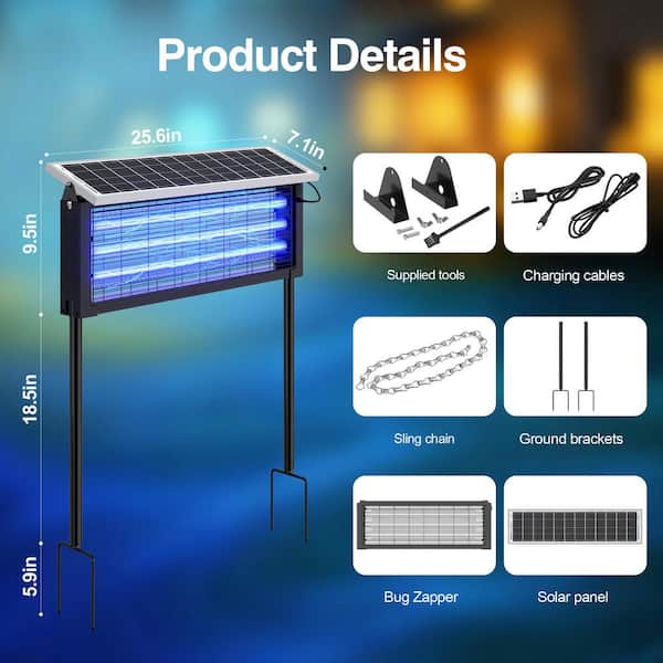 30-Watt Solar Bug Zapper Electric Outdoor Indoor Mosquito Killer Insect Pest Repellent w/ Hanging Chain and Ground Stake