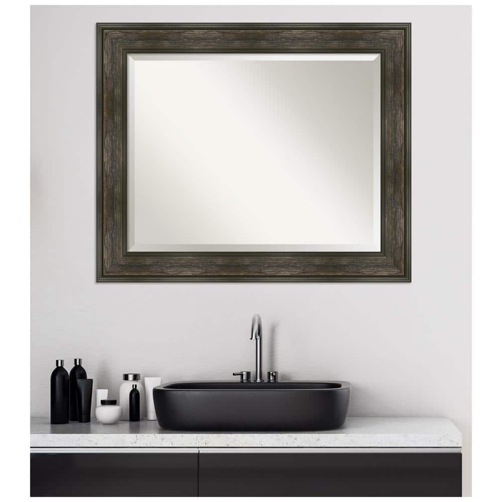 Rail Rustic Char Rectangular Bronze and Silver Bathroom Mirror 34 x 28 in