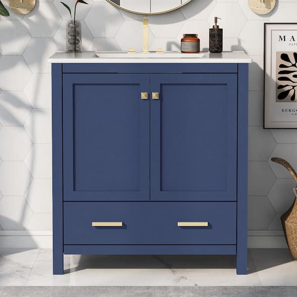 30 in. Multifunctional Single Sink Freestanding Blue Solid Wood Frame Bath Vanity with White Ceramic Top