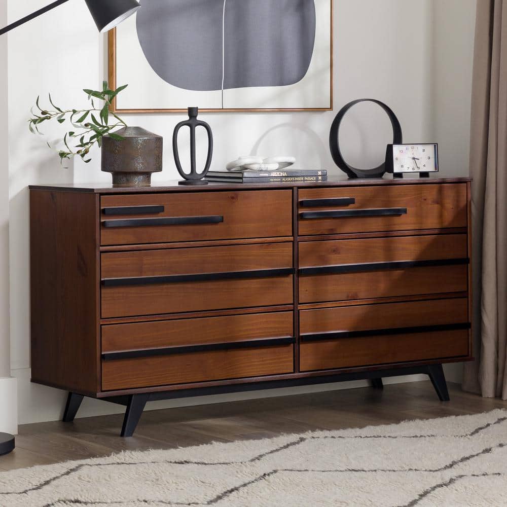 Walnut Mid-Century Modern 60" Solid Wood 6-Drawer Dresser