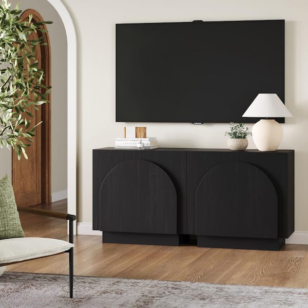 Nathan James Iris Black Oak 31 in. Mid-Century Modern Wooden Accent Cabinet with Adjustable Shelves and Arched Doors, Set of 2