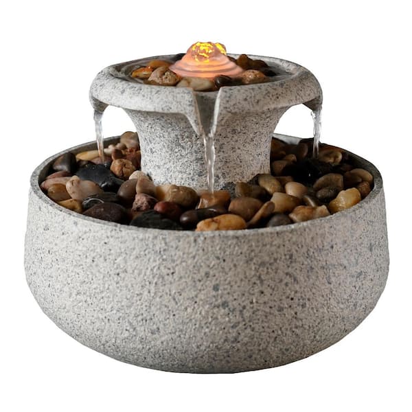 Teamson Home Natural Tabletop Stone Tiered Fountain with LED Light