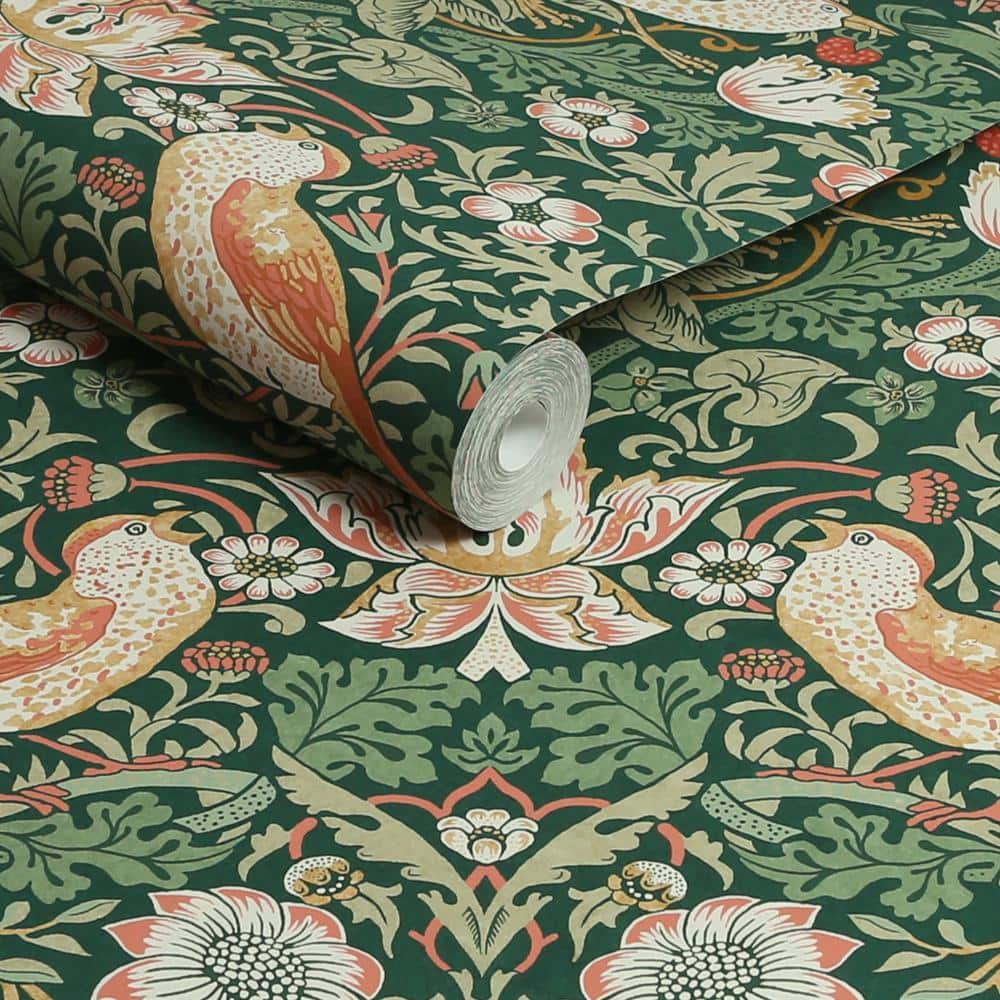 William Morris Green Floral Vinyl Wallpaper Double Roll