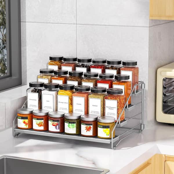 4 Tier Depth Adjustable Spice Rack Organizer Gray Metal Shelf for Cabinet Countertop Pantry Seasoning Storage