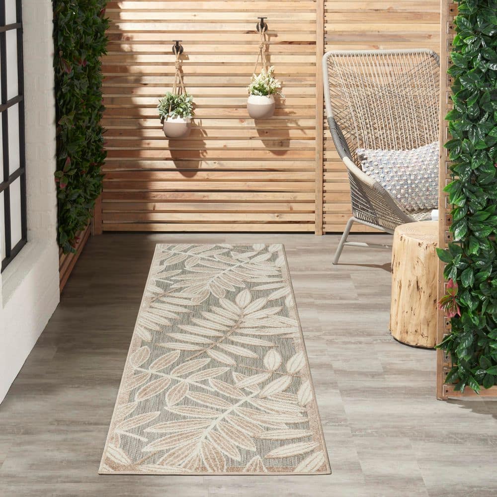 Natural Beige and Gray Floral Leaf Outdoor Runner Rug