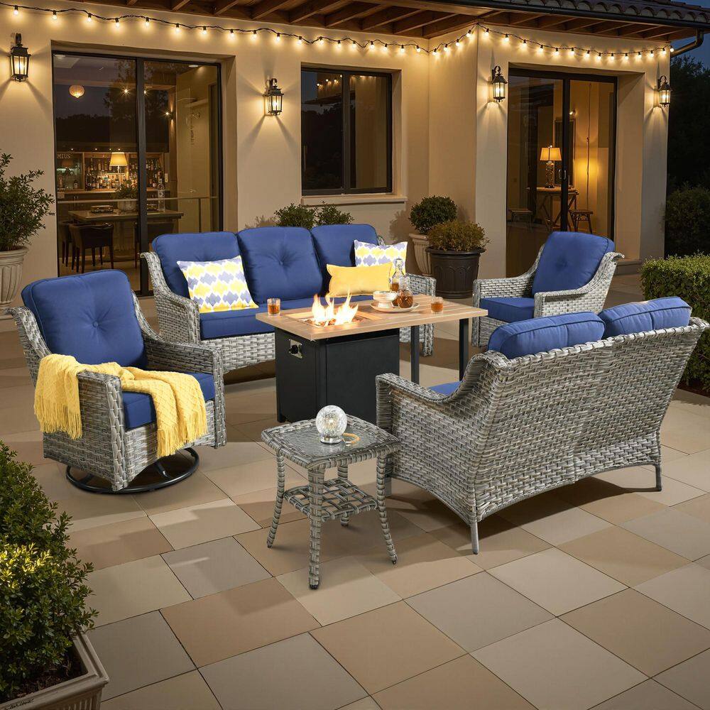 Eureka Grey 6-Piece Wicker Outdoor Patio Conversation Sofa Loveseat Set with a Storage Fire Pit and Navy Blue Cushions price history on PriceWatchPro