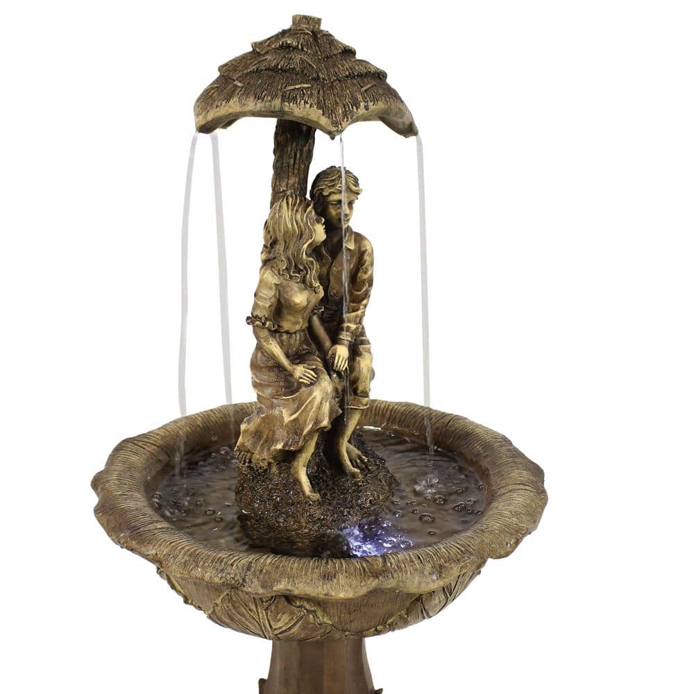 Brown Polyresin Solar Powered Lovers Umbrella Water Fountain with LED Lights