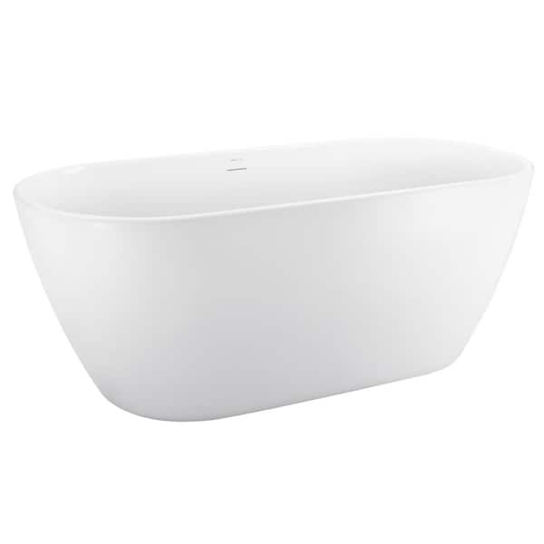 VANITYFUS 58.5 in. Acrylic Freestanding Flatbottom Soaking Bathtub in White with Brass Drain and Overflow