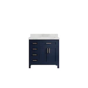 36 in. W x 22 in. D x 36 in. H Right Offset Sink Bath Vanity in Navy Blue with 2 in. Calacatta Nuvo Quartz Top