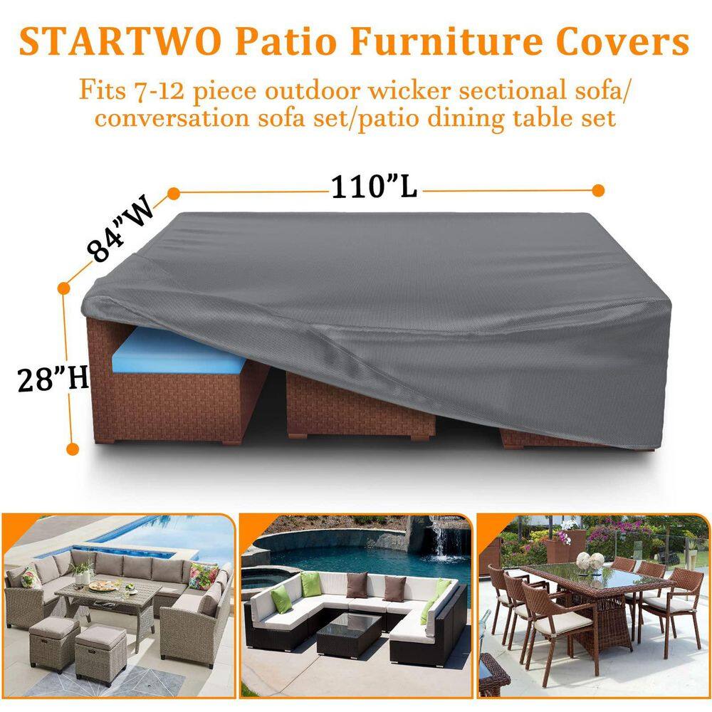 Grey patio furniture cover with dimensions 110 inch length, 84 inch width, and 28 inch height.