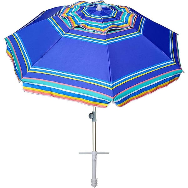 Dyiom 7 ft. Heavy-Duty High Wind Beach Umbrella Parasols with sand anchor and Tilt Sun Shelter in Stripe Blue