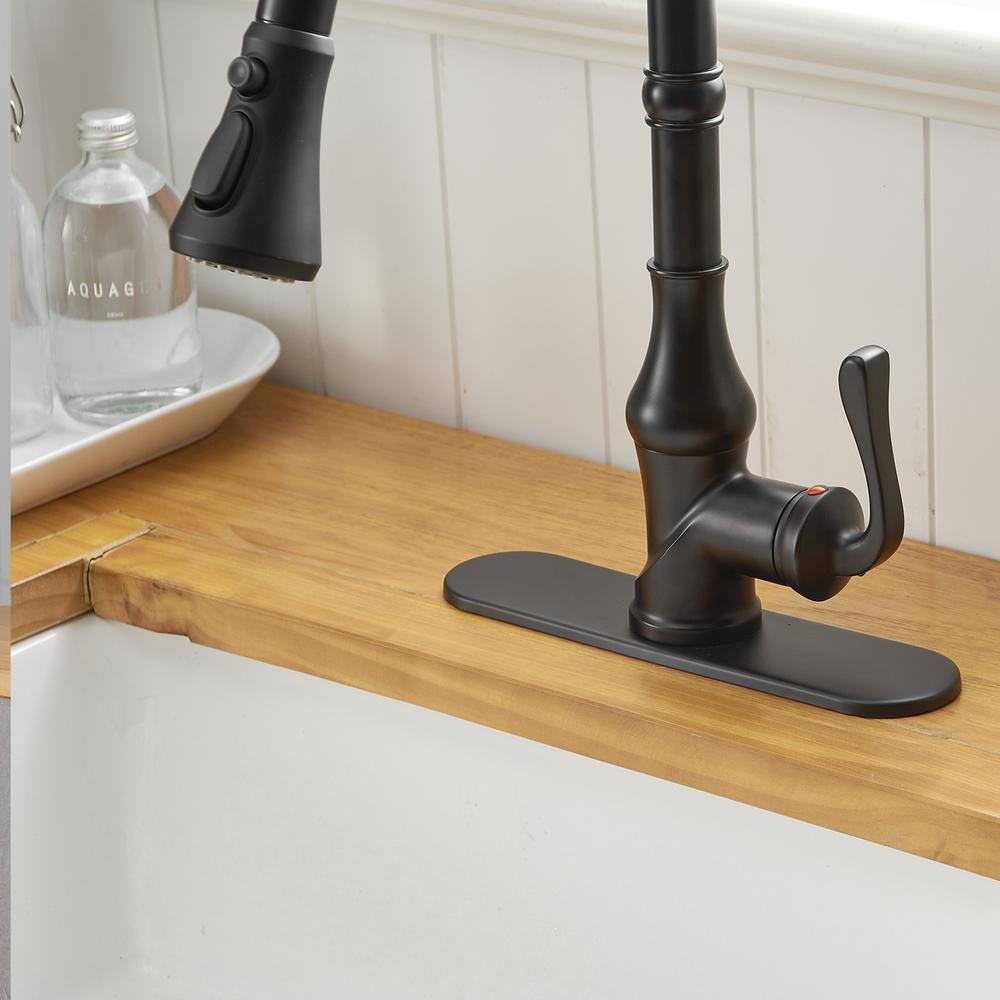Matte Black Single-Handle Pull-Down Kitchen Faucet with Deck Plate