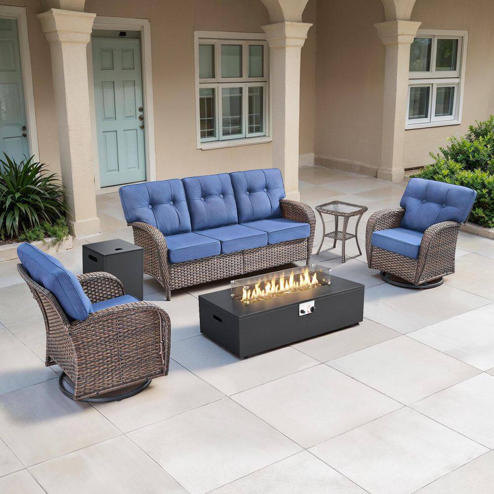 TWrap Brown 5-Piece Wicker Outdoor Patio Fire Pit Conversation Set with Navy Blue Cushions and Swivel Gliders price history on PriceWatchPro