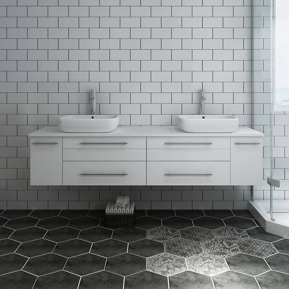 Elegant 72" White Quartz Top Double Vessel Sink Wall-Mount Vanity