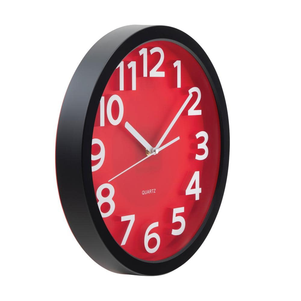 13-Inch Red and Black Plastic Wall Clock with Raised Numerals