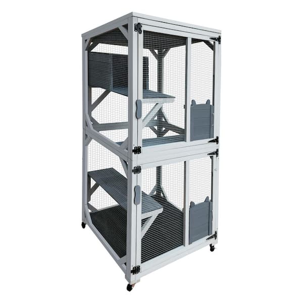 30.7in. Outdoor 2-Story Wooden Cat Enclosure Cat House with Wheels, 2-Jumping Platforms and 2-Doors