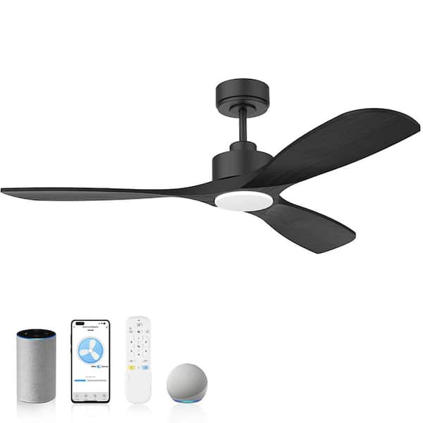 52 in. Modern Outdoor Indoor Black Standard Downrod Mount Ceiling Fans with LED Lights Remote,Control with Alexa App