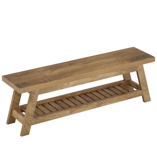 13 in. H x 55 in. W Light Walnut Wood Shoe Storage Bench, Large 2-Tier Narrow Shoe Bench with Shelves Entryway Foyer