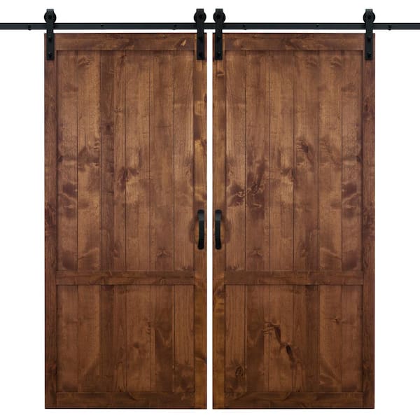 Dogberry 42 in. x 84 in. Walnut Country Vintage Wood Double Sliding Barn Door with Hardware Kit