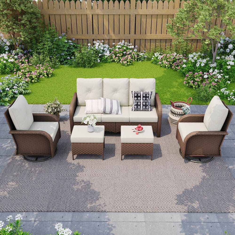 5 - Person Patio Furniture Set With 3-Seat Sofa, 2 Swivel Chairs with Ottomans and Beige Cushions price history on PriceWatchPro