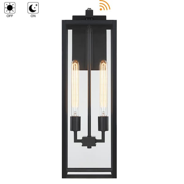 25"H 2-Light Matte Black Hardwired Outdoor Wall Lantern Sconce with Dusk to Dawn