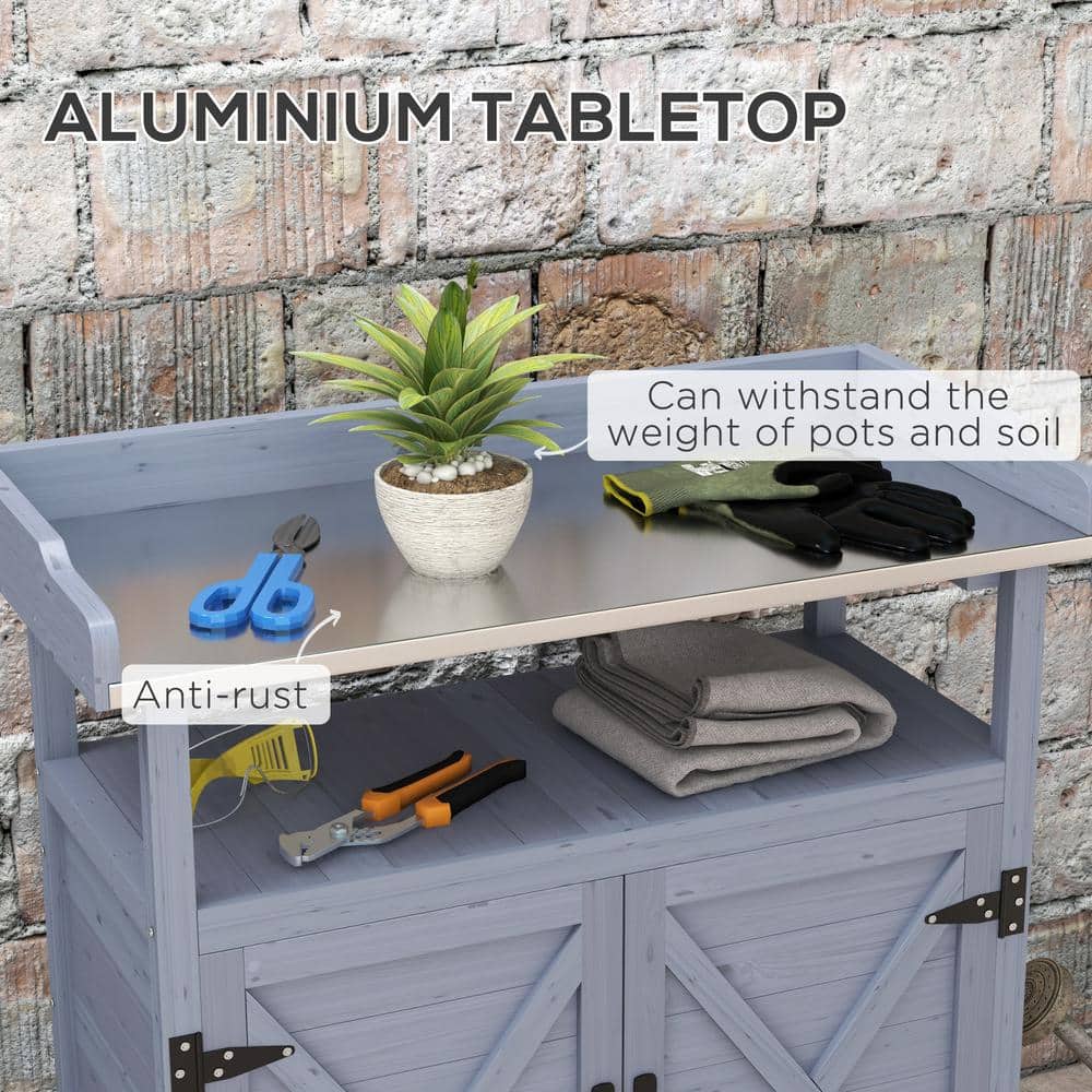 Gray Wooden Potting Bench with Aluminum Top and Storage